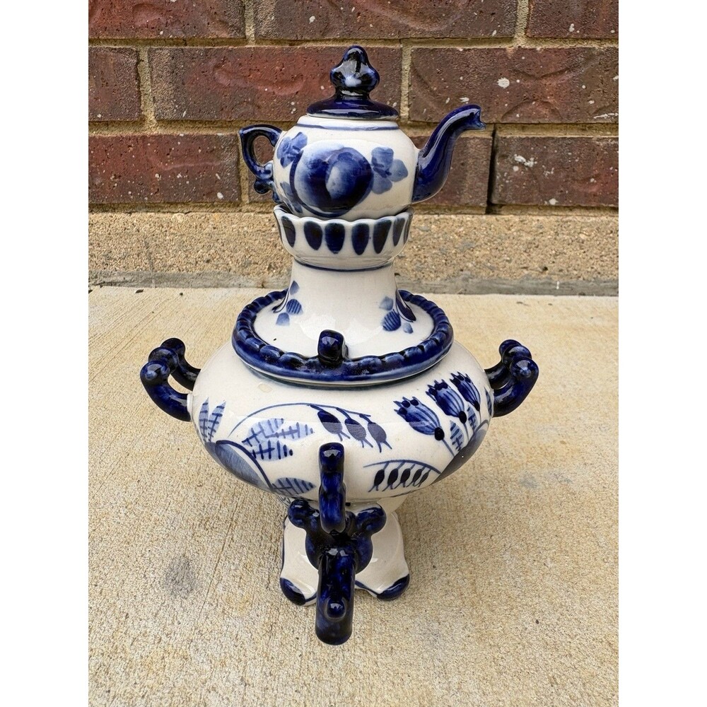 Vintage 1970-1980s USSR Russian Gzhel Samovar & Teapot Porcelain Handpainted 8"H
